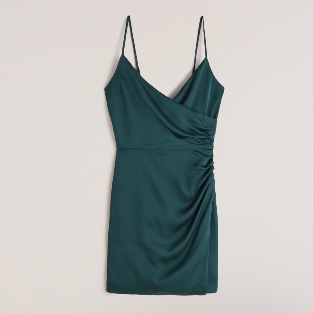 Abercrombie Satin Ruched Wrap Mini Dress, Large, Dark Teal Green, Never Worn